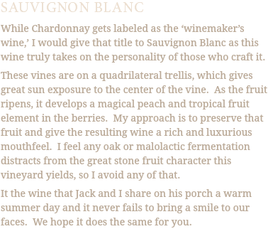 SAUVIGNON BLANC While Chardonnay gets labeled as the ‘winemaker’s wine,’ I would give that title to Sauvignon Blanc as this wine truly takes on the personality of those who craft it. These vines are on a quadrilateral trellis, which gives great sun exposure to the center of the vine. As the fruit ripens, it develops a magical peach and tropical fruit element in the berries. My approach is to preserve that fruit and give the resulting wine a rich and luxurious mouthfeel. I feel any oak or malolactic fermentation distracts from the great stone fruit character this vineyard yields, so I avoid any of that. It the wine that Jack and I share on his porch a warm summer day and it never fails to bring a smile to our faces. We hope it does the same for you.